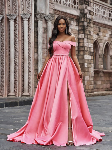 A-Line/Elegant Satin Sleeveless Ruffles Off-the-Shoulder Court Train Prom Dresses