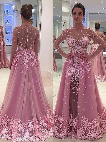 A-Line/Elegant Scoop Long Sleeves Applique Tulle Floor-Length Prom Dresses