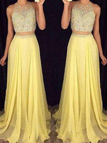 A-Line/Elegant Scoop Sleeveless Beading Chiffon Two Piece Prom Dresses