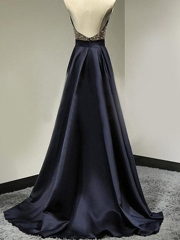 A-Line/Elegant Sleeveless Halter Satin Floor-Length Beading Prom Dresses