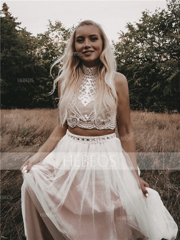 A-Line/Elegant Sleeveless High Neck Tulle Beading Floor-Length Prom Dresses