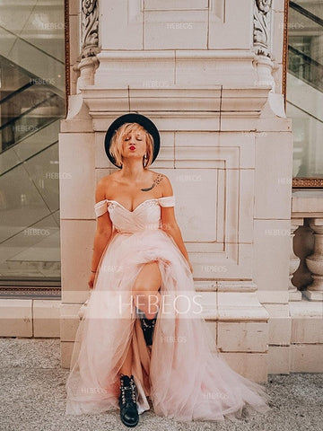 Vestidos de graduación de corte A/elegantes sin mangas con hombros descubiertos, de tul y con cuentas