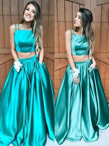 A-Line/Elegant Sleeveless Square Floor-Length Ruffles Satin Two Piece Prom Dresses
