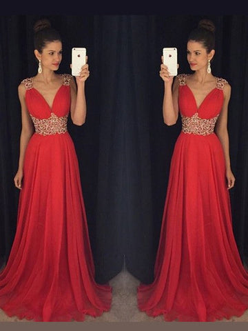 Robes de bal élégantes en mousseline de soie, coupe trapèze, sans manches, col en V et perles, longueur au sol.