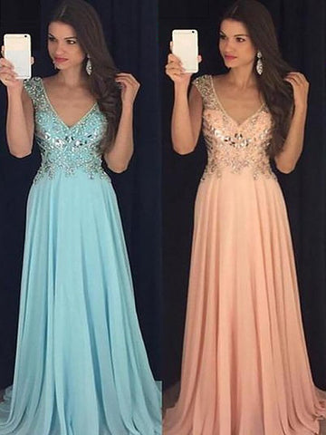 Vestidos de graduación elegantes de corte A, sin mangas, con escote en V, de gasa y lentejuelas, hasta el suelo.
