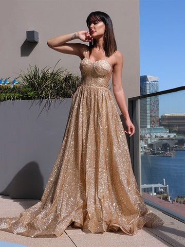 A-Line/Elegant Spaghetti Straps Sequins Sleeveless Ruffles Prom Dresses