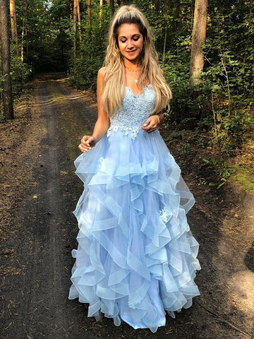 Vestidos de graduación largos hasta el suelo, de corte A, con tirantes finos, sin mangas y apliques de organza.