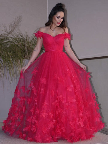 Robes de bal longues sans manches, coupe trapèze, en tulle élégant orné de fleurs faites à la main, épaules dénudées.