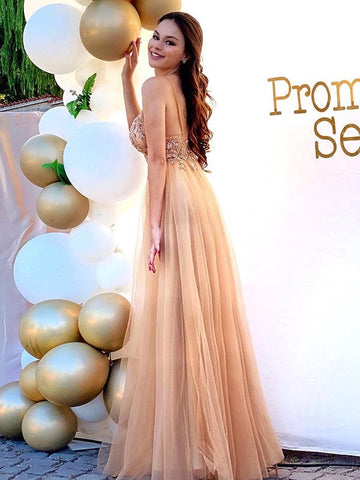 Vestidos de graduación elegantes de corte A, con tirantes finos de tul, sin mangas y con cuentas, hasta el suelo