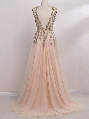 A-Line/Elegant V-Neck Sleeveless Beading Tulle Prom Dresses