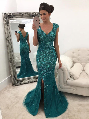 A-Line/Elegant V-Neck Sleeveless Sequin Tulle Prom Dresses