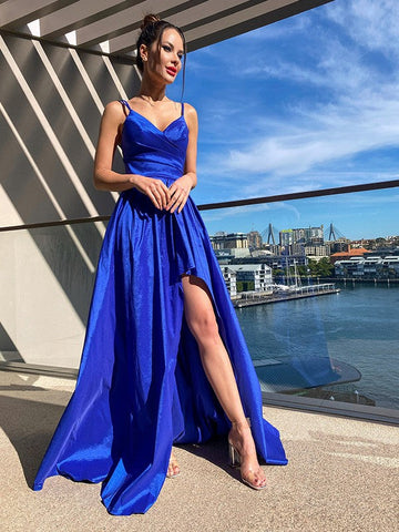 A-Line/Elegant V-neck Taffeta Ruffles Sleeveless Asymmetrical Prom Dresses