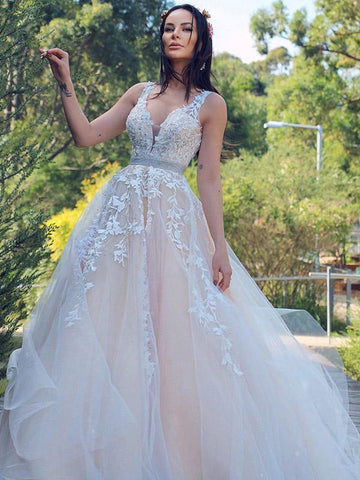 A-Line/Princess Applique Tulle Sleeveless V-neck Sweep Train Dresses WD537