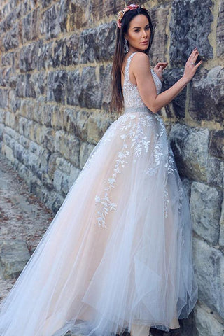 A-Line/Princess Applique Tulle Sleeveless V-neck Sweep Train Dresses WD537