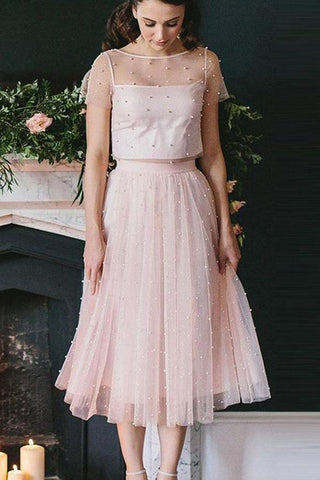 A-Line/Princess Tulle Short Sleeves Scoop Tea-Length Two Piece Dresses PD412