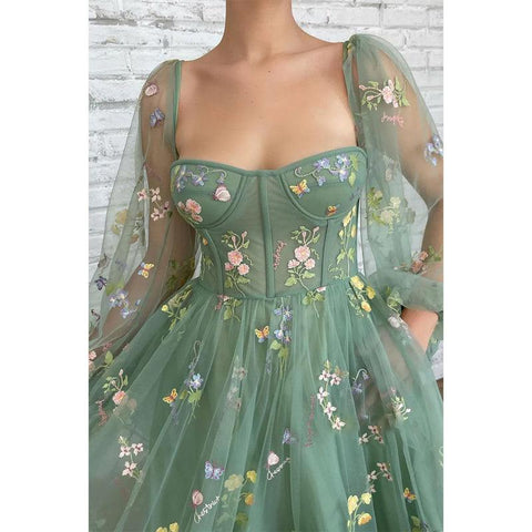 Vestido de fiesta sexy con escote en V, media manga, bordado de encaje y bolsillos