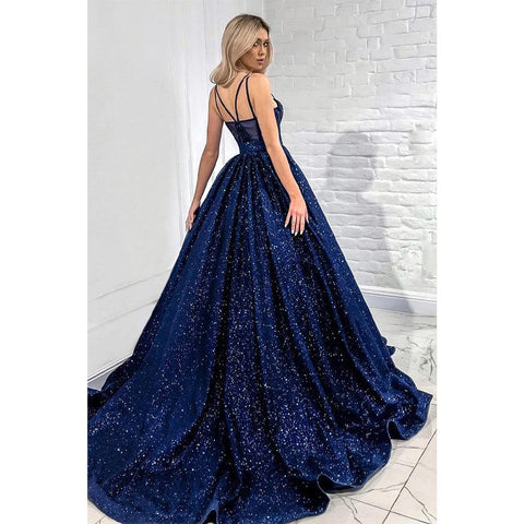 Vestido de fiesta brillante de corte A con tirantes finos y bolsillos 