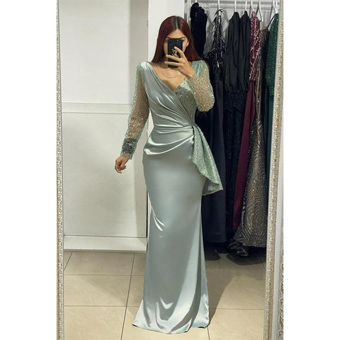 Vestido de noche largo formal con lentejuelas y escote en V sexy y mangas largas