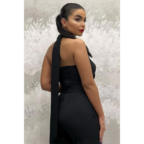 Tailleur-pantalon formel à dos nu croisé et gaine, robe de bal formelle noire 