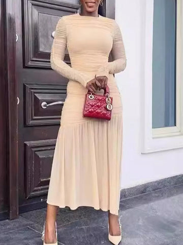 Long Sleeves Skinny Pleated See-Through Solid Color Split-Joint Round-Neck Evening Dresses Maxi Dresses