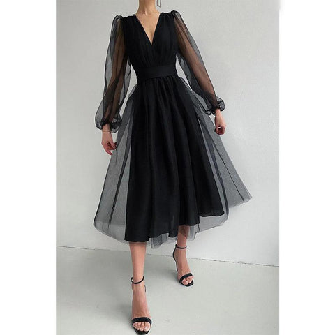 Vestido largo sexy de manga larga con cuello en V para cumpleaños 