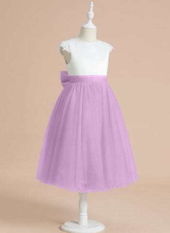 A-line Satin Tulle Tea-length First Communion Flower Girl Dress