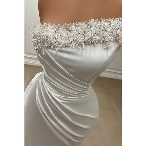 Vestido de fiesta de noche, de novia, con pliegues y cuentas, sin tirantes