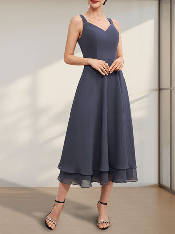 A-line V-Neck Tea-Length Chiffon Mother of the Bride Dress
