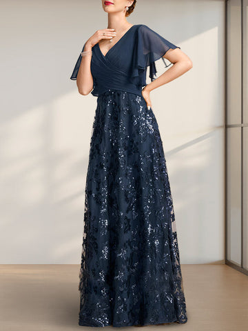 A-line V-Neck Floor-Length Lace Sequin Chiffon Mother of the Bride Dress With Pleated