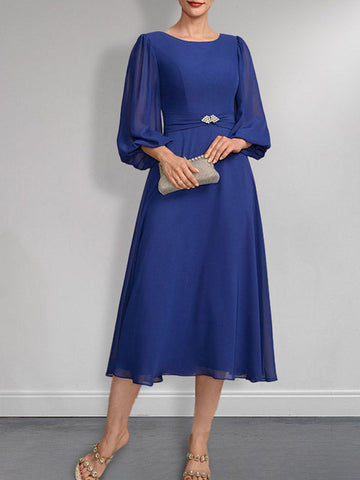 A-line Scoop Tea-Length Chiffon Mother of the Bride Dress With Crystal Brooch Pleated