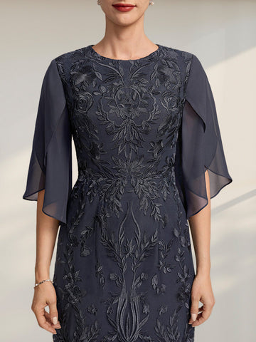 Sheath/Column Scoop Tea-Length Lace Chiffon Mother of the Bride Dress