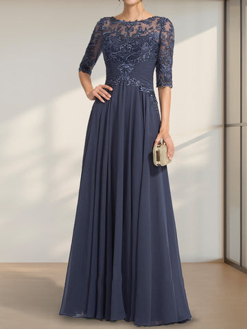 A-line Scoop Illusion Floor-Length Chiffon Lace Mother of the Bride Dress With Pleated Sequins