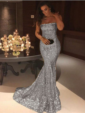 Élégante robe de soirée sirène longue sans bretelles à sequins