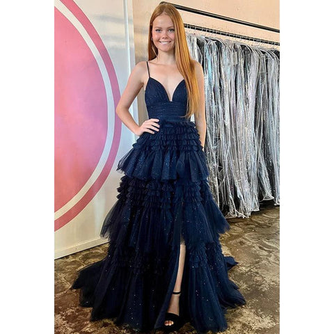 Vestido largo de fiesta de bienvenida con escote en V, tirantes finos y tul fruncido, corte A 