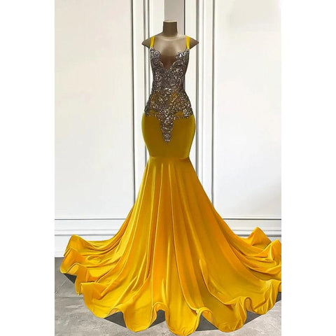 Vestido formal de fiesta de graduación con escote en V, tirantes y volantes de sirena/trompeta