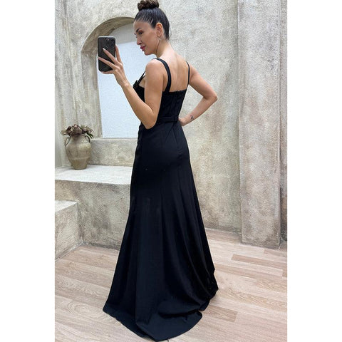 Robe de bal longue à bretelles fourreau et perles avec robes de soirée fendues 