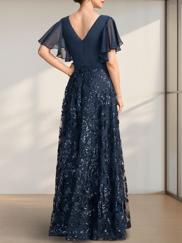 A-line V-Neck Floor-Length Lace Sequin Chiffon Mother of the Bride Dress With Pleated