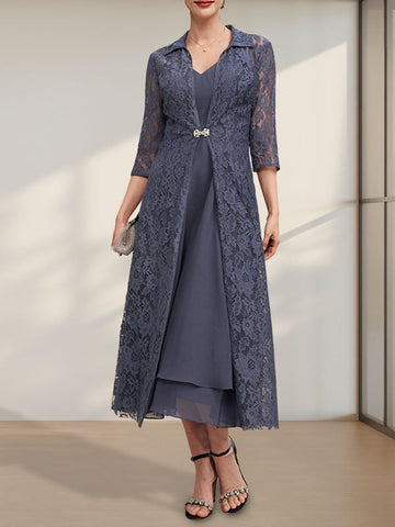 A-line V-Neck Tea-Length Chiffon Mother of the Bride Dress