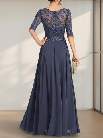 A-line Scoop Illusion Floor-Length Chiffon Lace Mother of the Bride Dress With Pleated Sequins