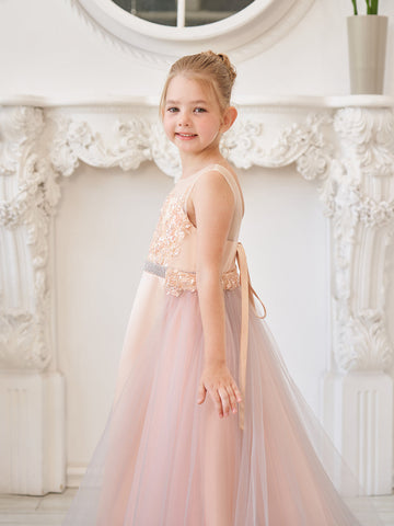 A-line Satin Tulle Sweep Train Champagne Dress (010226776)