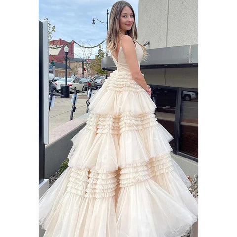 Vestido largo de fiesta de bienvenida con escote en V, tirantes finos y tul fruncido, corte A 