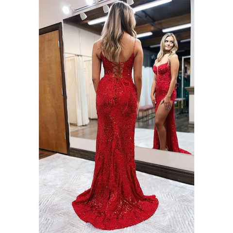 Vestido de fiesta largo con tirantes finos, lentejuelas y apliques con abertura