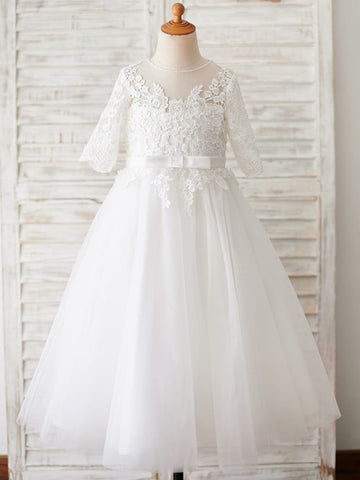 A-line Lace Tulle Floor-length First Communion Flower Girl Dress