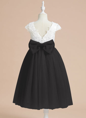 A-line Satin Tulle Tea-length First Communion Flower Girl Dress