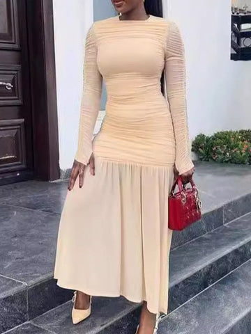 Long Sleeves Skinny Pleated See-Through Solid Color Split-Joint Round-Neck Evening Dresses Maxi Dresses