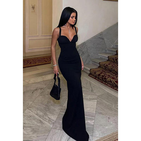 Vestido de fiesta de noche elegante, sexy y atractivo, con tirantes, escote en V, sin espalda