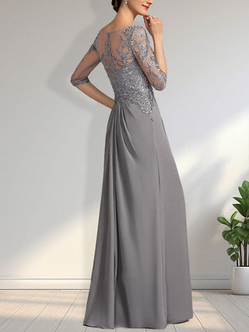 A-line Scoop Illusion Floor-Length Chiffon Lace Mother of the Bride Dress With Beading Sequins Cascading Ruffles