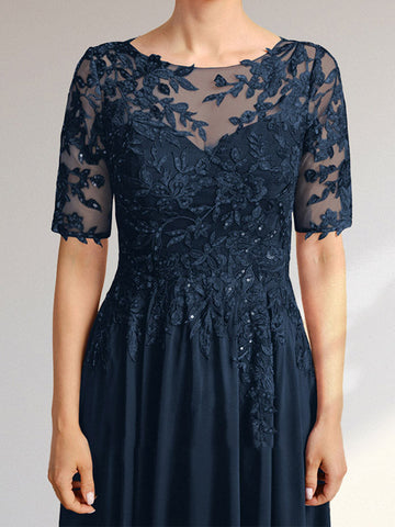 A-line Scoop Illusion Asymmetrical Chiffon Lace Mother of the Bride Dress With Sequins