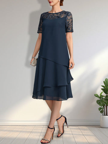 A-line Scoop Illusion Knee-Length Lace Chiffon Mother of the Bride Dress With Sequins