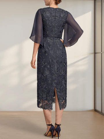 Sheath/Column Scoop Tea-Length Lace Chiffon Mother of the Bride Dress